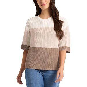 NEW Matty M Women's S Colorblock Knit Sweater Beige & White Short Sleeve